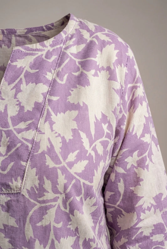 Boho Floral Cotton Kurti - Lavender & White Everyday Wear
