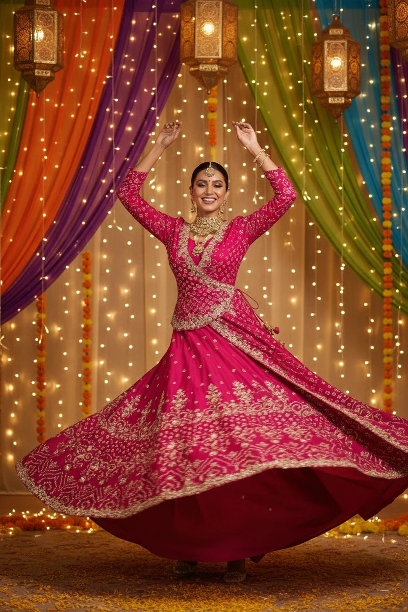 Rani Pink Bhandej Indo-Fusion Gown with Kardhana Handwork on Pure Chinon - Festive Party Wear for Women