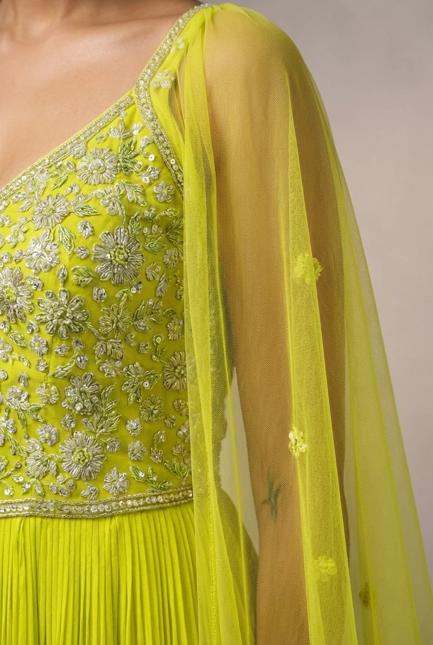 Neon Yellow Spaghetti Anarkali Dress with Handwork Yoke & Cape Dupatta - Party Wear Gown for Women