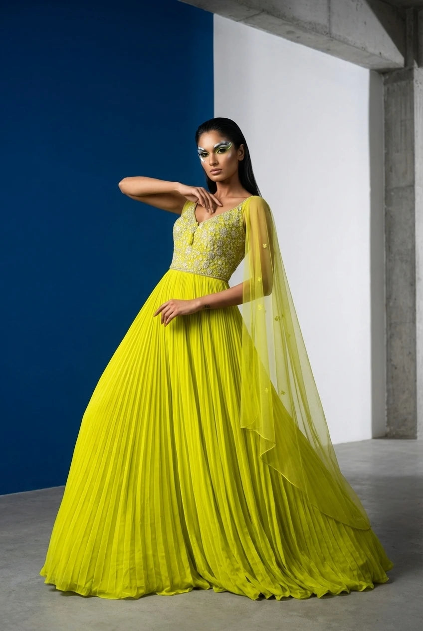 Neon Yellow Spaghetti Anarkali Dress with Handwork Yoke & Cape Dupatta - Party Wear Gown for Women