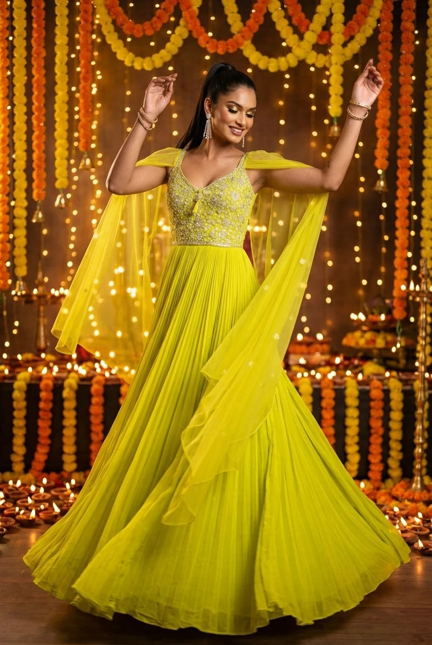 Neon Yellow Spaghetti Anarkali Dress with Handwork Yoke & Cape Dupatta - Party Wear Gown for Women