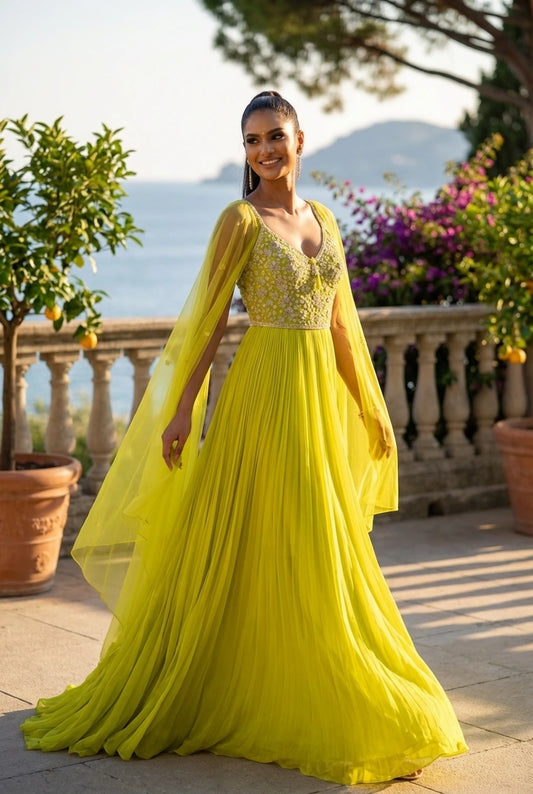 Neon Yellow Spaghetti Anarkali Dress with Handwork Yoke & Cape Dupatta - Party Wear Gown for Women