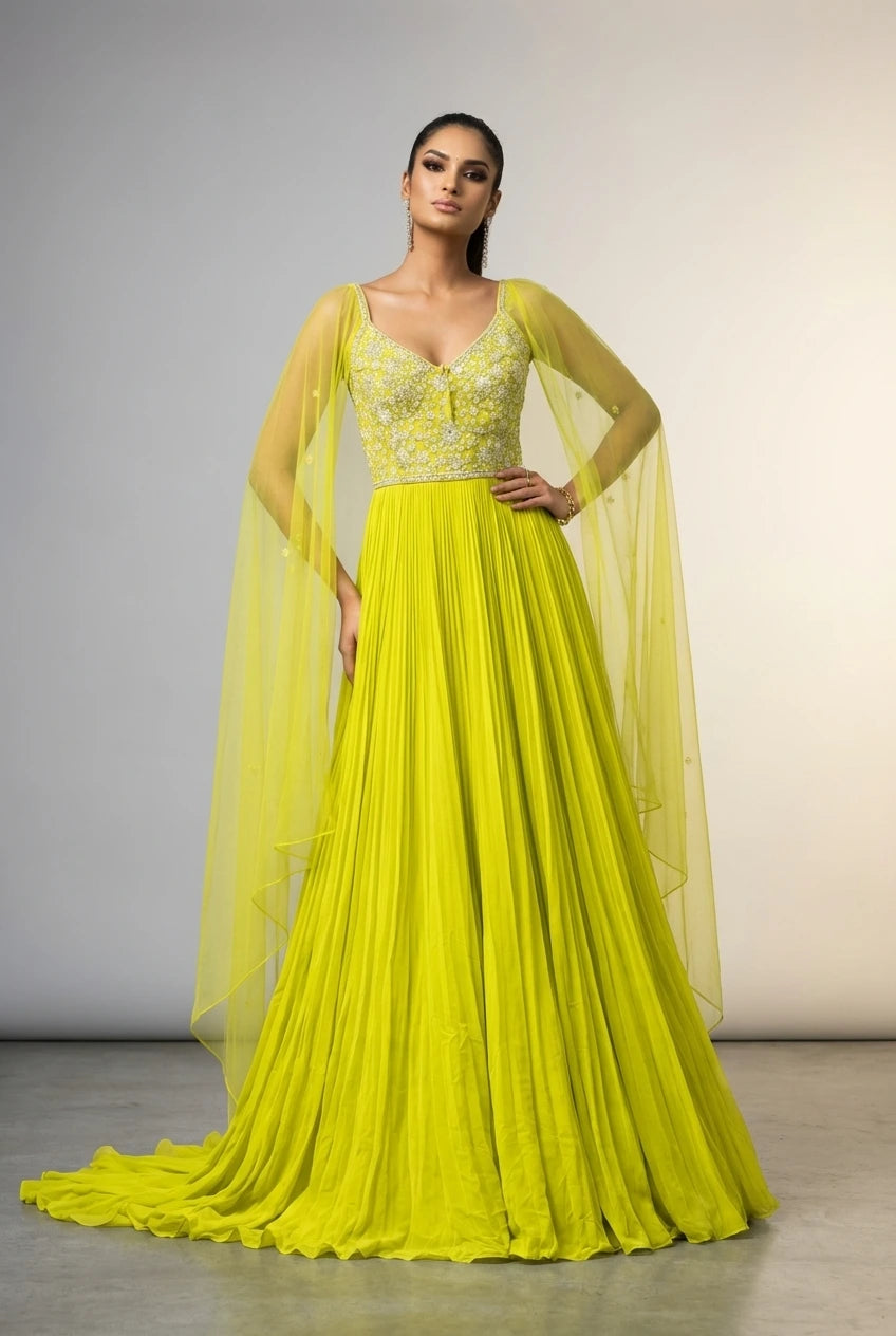 Neon Yellow Spaghetti Anarkali Dress with Handwork Yoke & Cape Dupatta - Party Wear Gown for Women