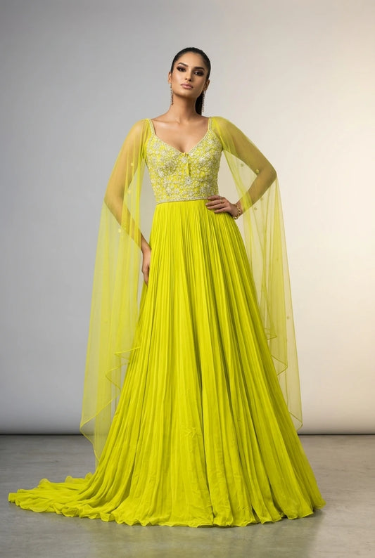 Neon Yellow Spaghetti Anarkali Dress with Handwork Yoke & Cape Dupatta - Party Wear Gown for Women