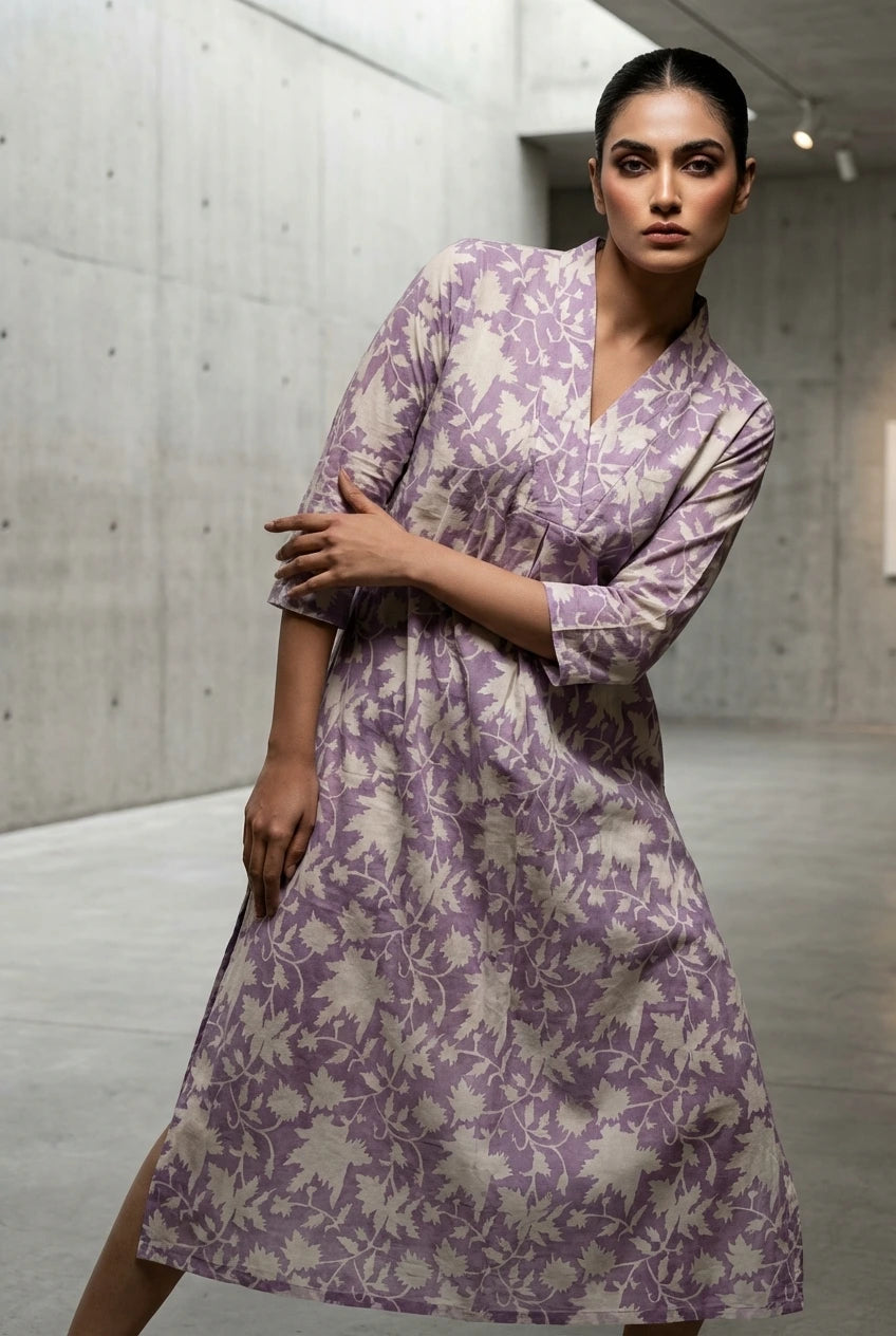 Boho Floral Cotton Kurti - Lavender & White Everyday Wear