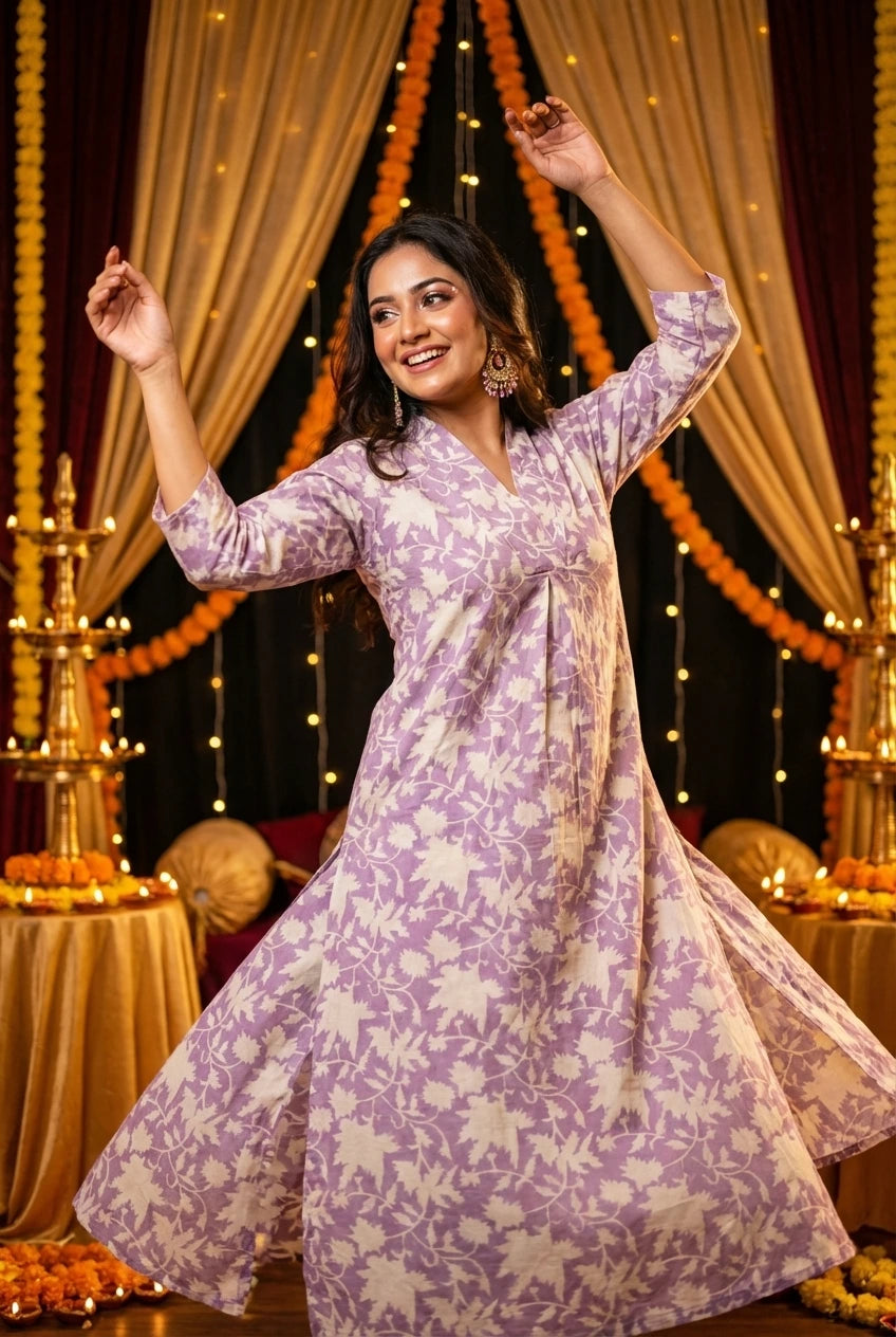 Boho Floral Cotton Kurti - Lavender & White Everyday Wear