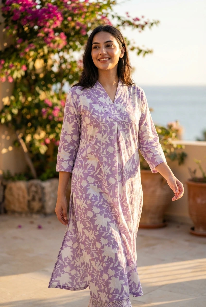 Boho Floral Cotton Kurti - Lavender & White Everyday Wear