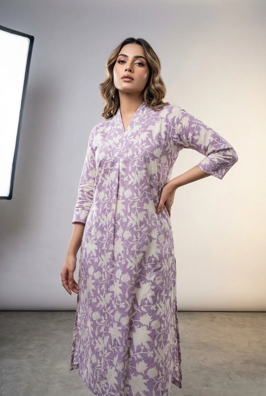Boho Floral Cotton Kurti - Lavender & White Everyday Wear