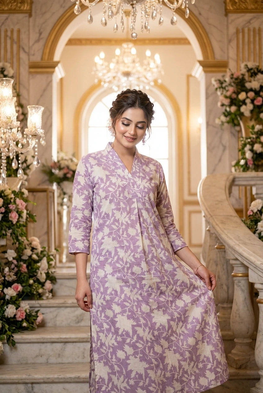 Boho Floral Cotton Kurti - Lavender & White Everyday Wear