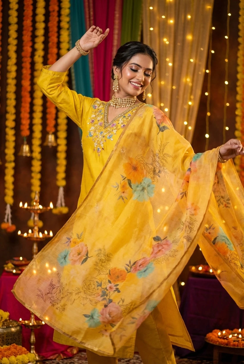 Floral Embroidered Chanderi Silk Kurta Set with Mirror Work