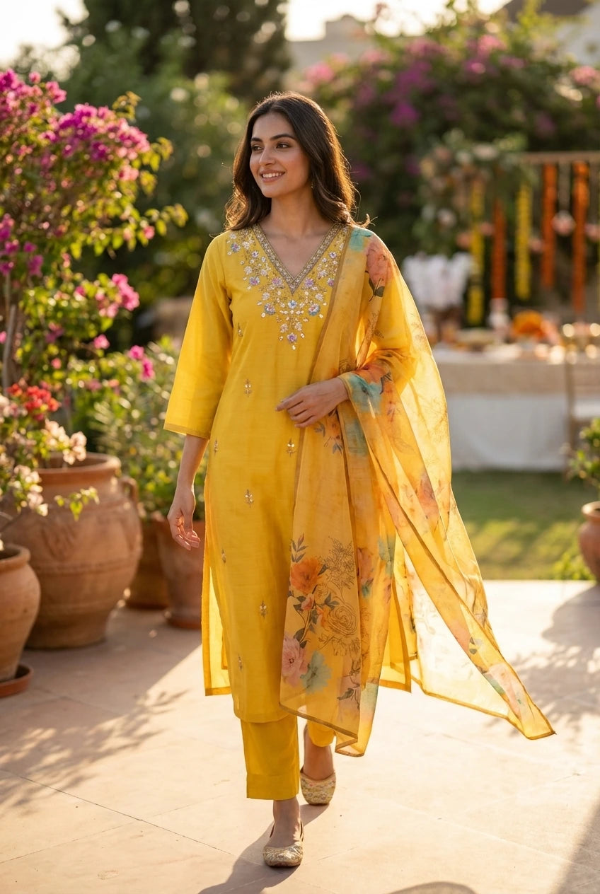 Floral Embroidered Chanderi Silk Kurta Set with Mirror Work