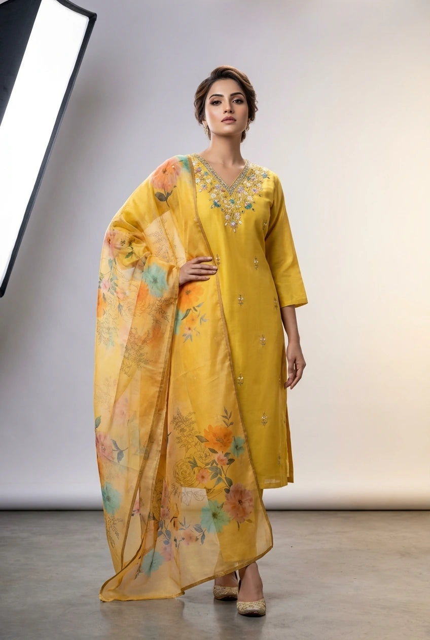 Floral Embroidered Chanderi Silk Kurta Set with Mirror Work
