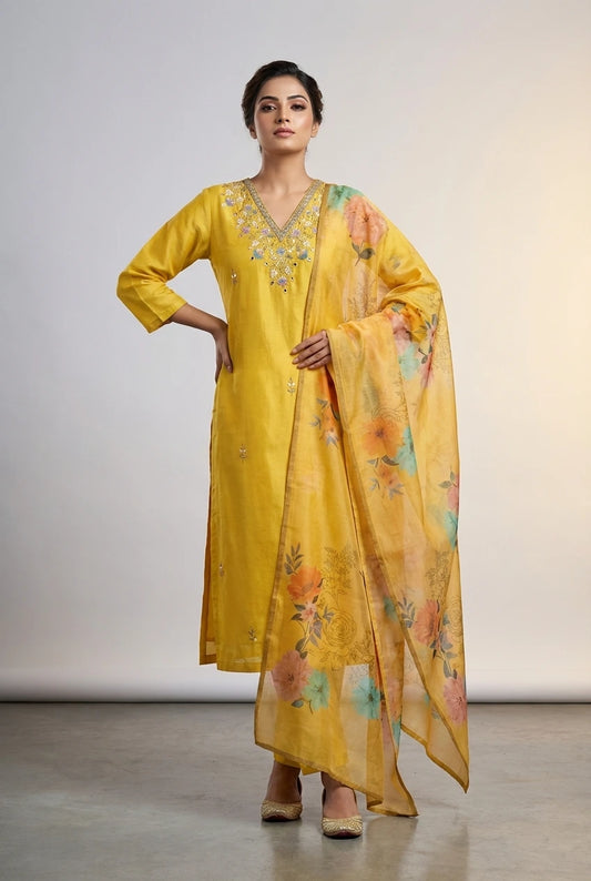 Floral Embroidered Chanderi Silk Kurta Set with Mirror Work
