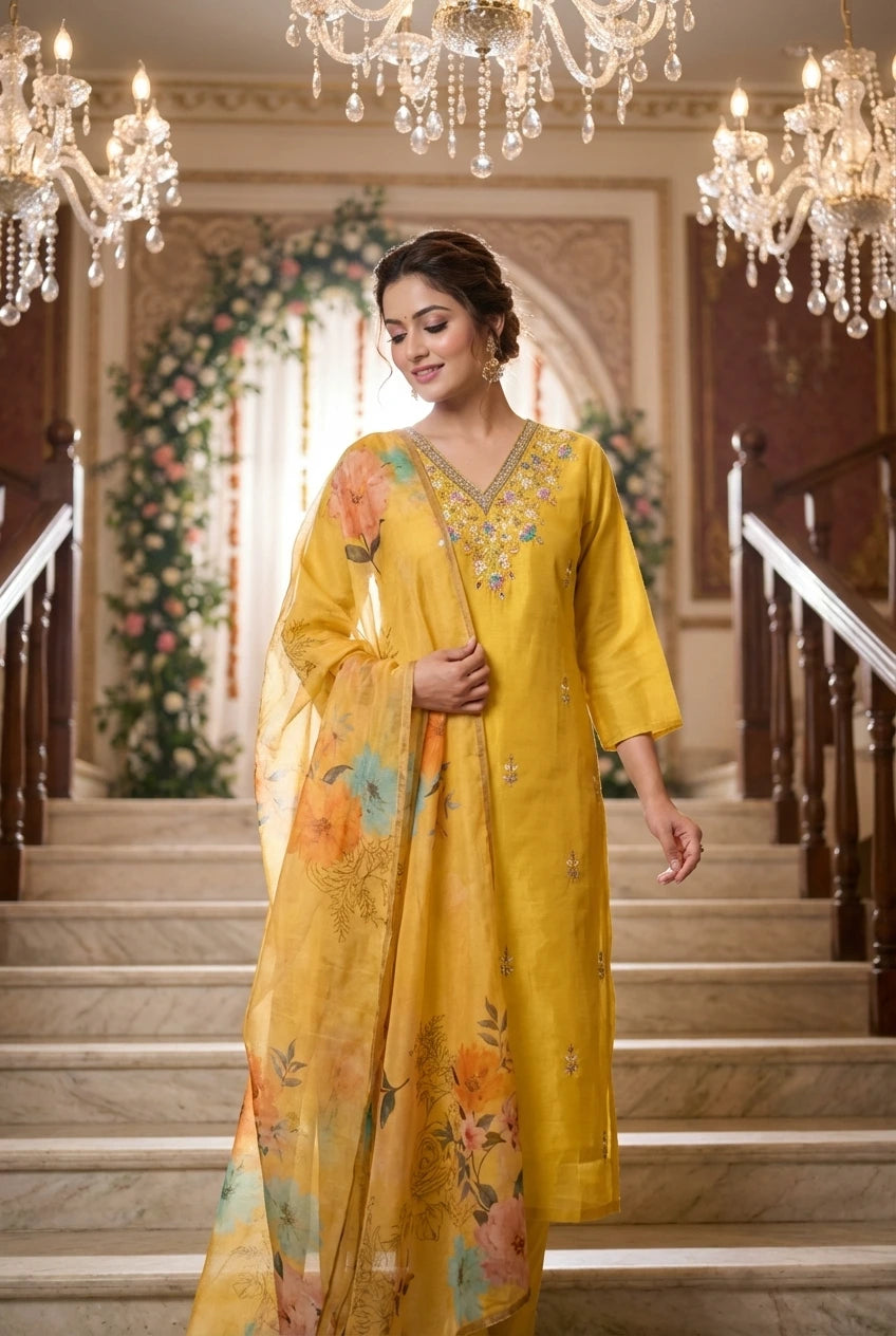 Floral Embroidered Chanderi Silk Kurta Set with Mirror Work