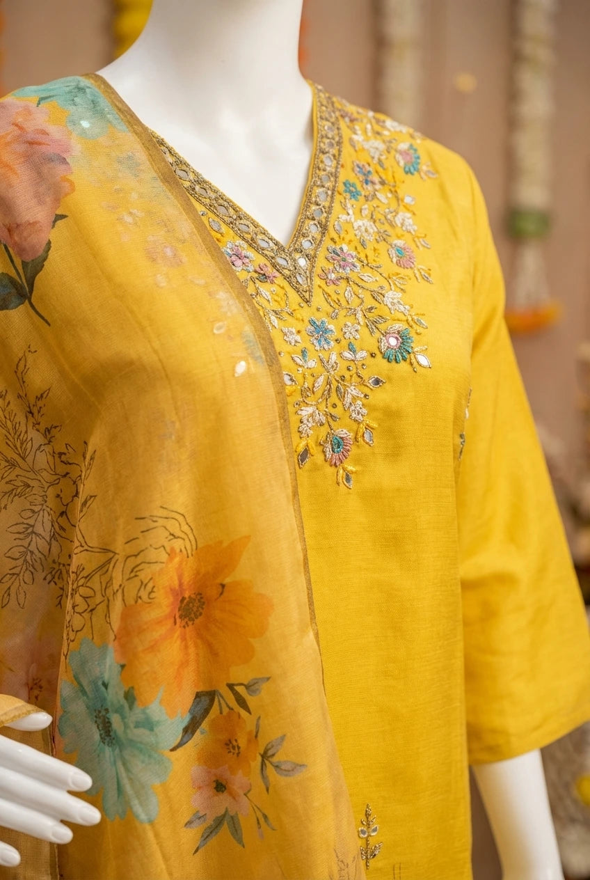 Floral Embroidered Chanderi Silk Kurta Set with Mirror Work