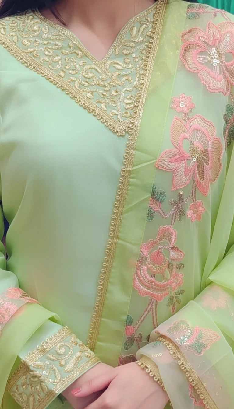 Elegant Floral Embroidered Chiffon Salwar Suit – Light Green