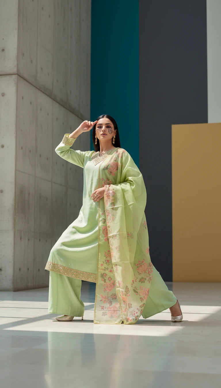 Elegant Floral Embroidered Chiffon Salwar Suit – Light Green