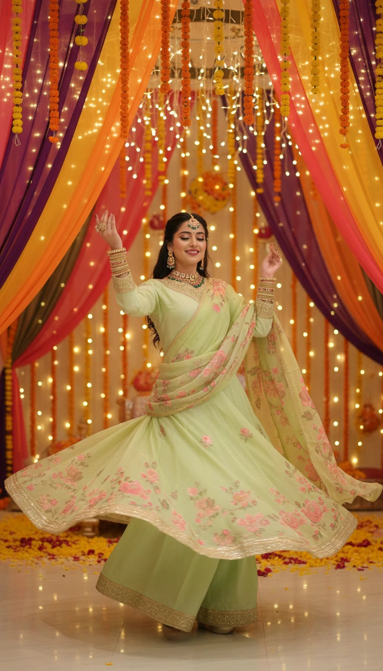 Elegant Floral Embroidered Chiffon Salwar Suit – Light Green