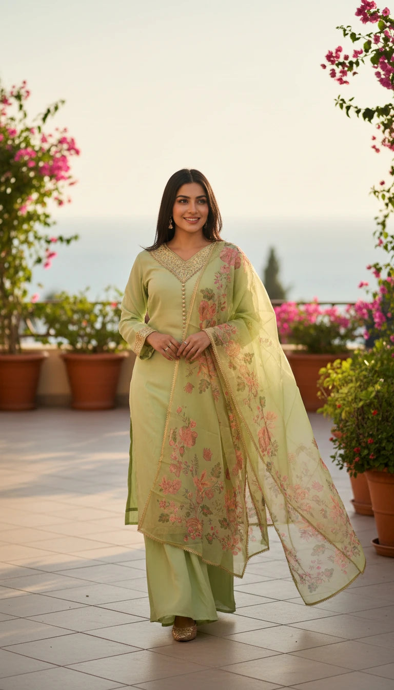 Elegant Floral Embroidered Chiffon Salwar Suit – Light Green