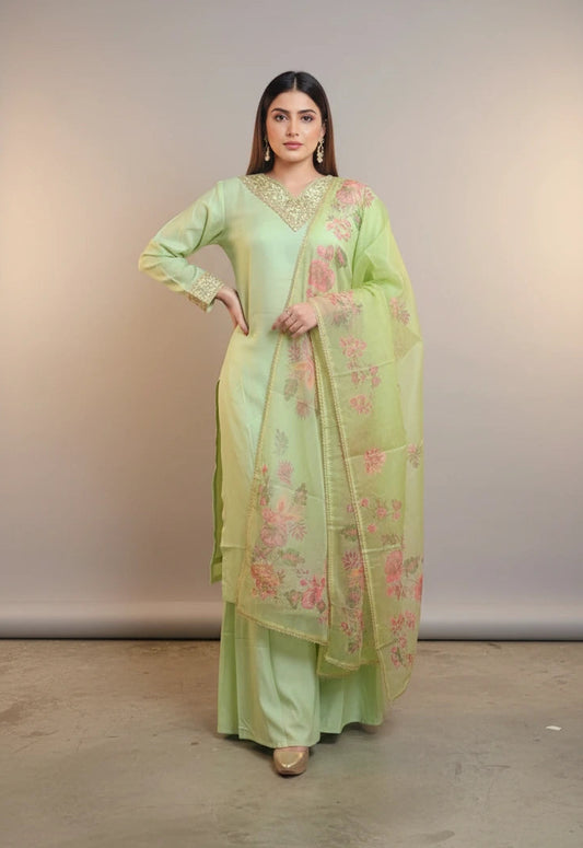 Elegant Floral Embroidered Chiffon Salwar Suit – Light Green
