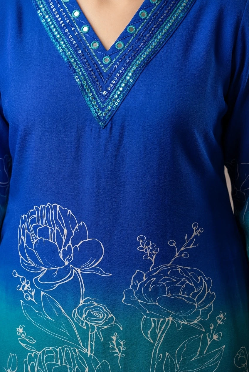 Royal Blue Ombre Floral Printed Straight Kurta Set
