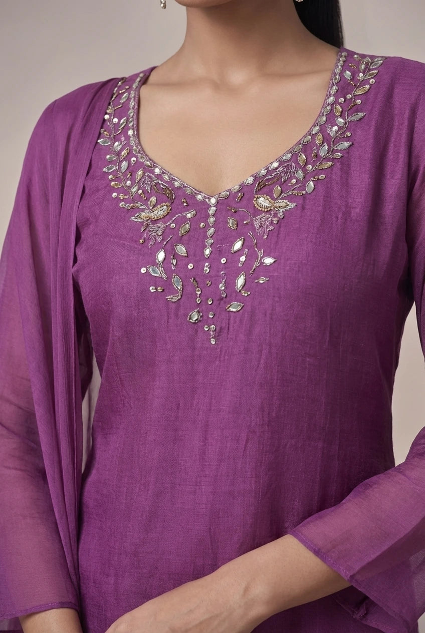 Purple Cape Style Kurta Palazzo Set with Embroidered Neck - Lightweight Georgette Suit for Women