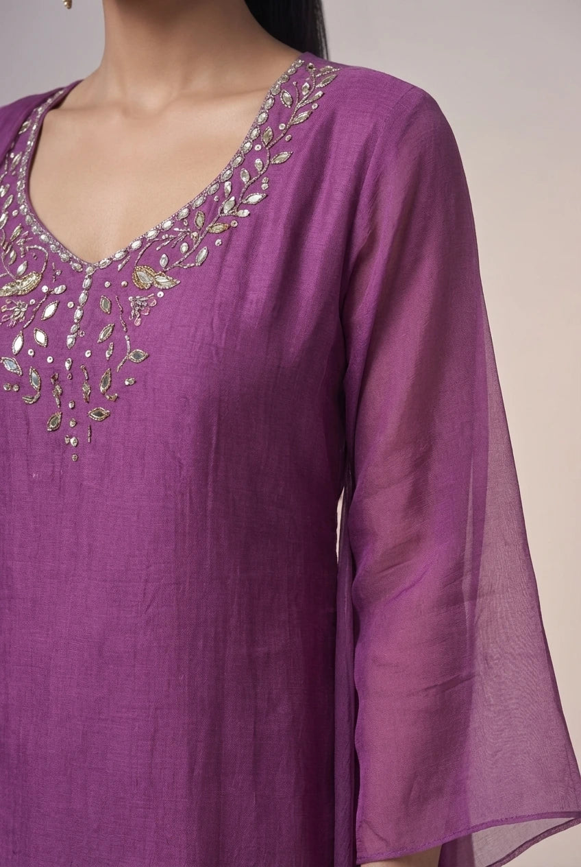 Purple Cape Style Kurta Palazzo Set with Embroidered Neck - Lightweight Georgette Suit for Women