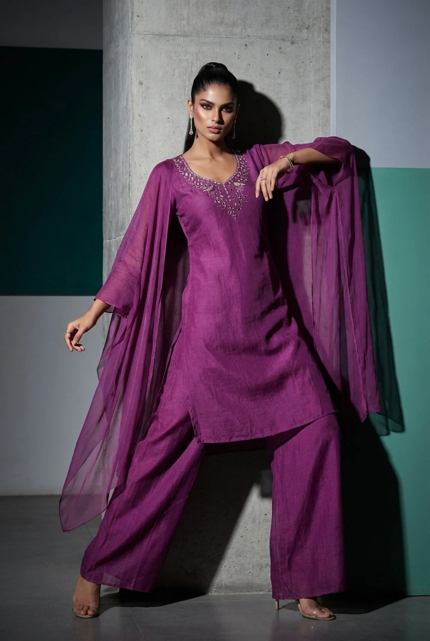 Purple Cape Style Kurta Palazzo Set with Embroidered Neck - Lightweight Georgette Suit for Women