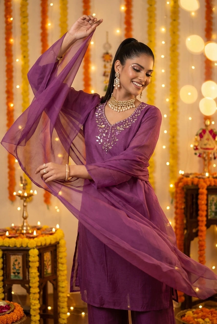 Purple Cape Style Kurta Palazzo Set with Embroidered Neck - Lightweight Georgette Suit for Women
