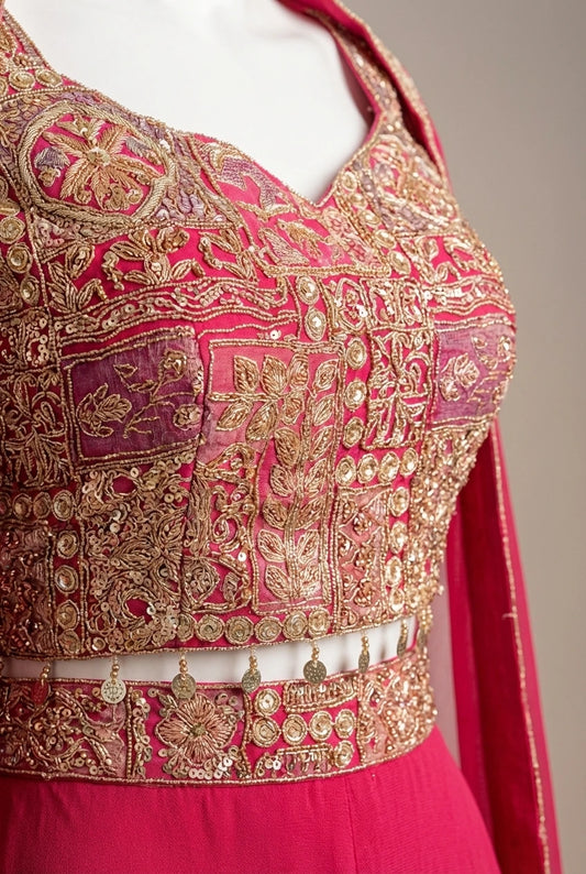 Fuchsia Embroidered Georgette Indo-Western Gown