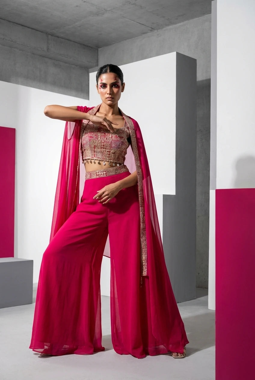 Fuchsia Embroidered Georgette Indo-Western Gown