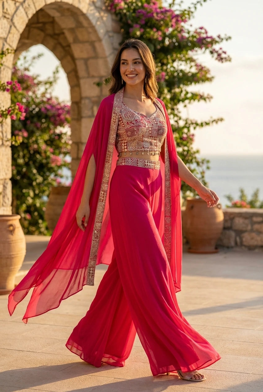 Fuchsia Embroidered Georgette Indo-Western Gown