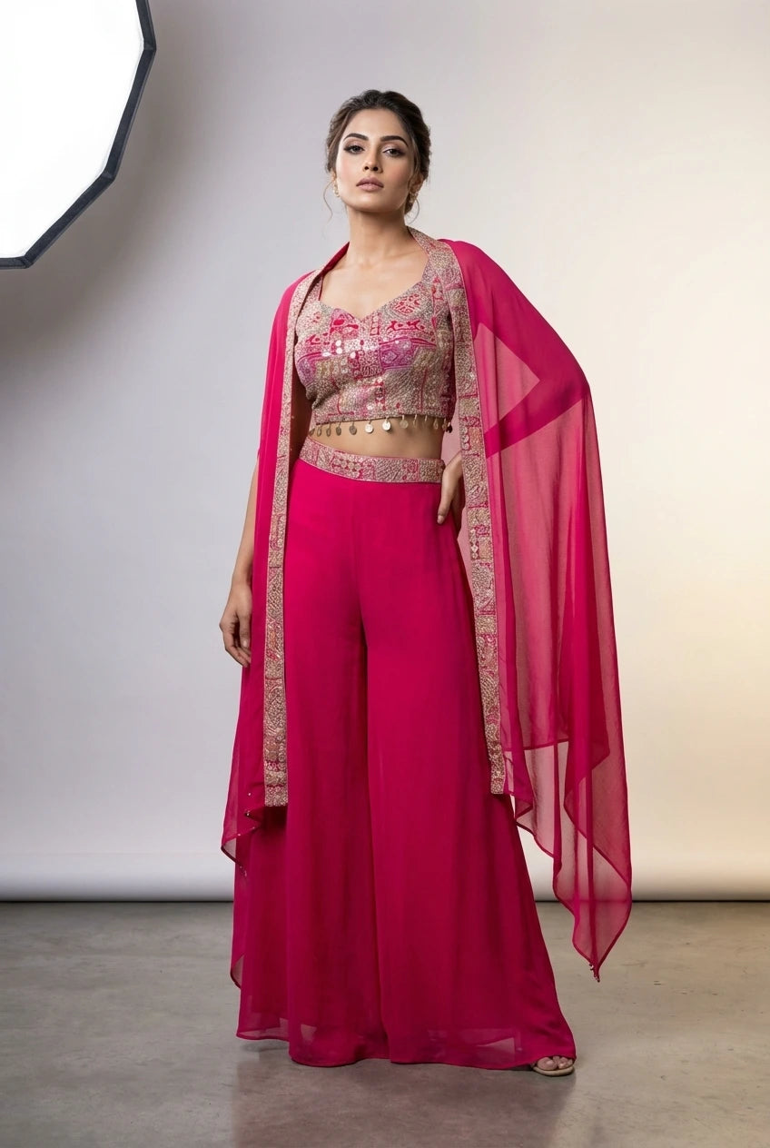 Fuchsia Embroidered Georgette Indo-Western Gown