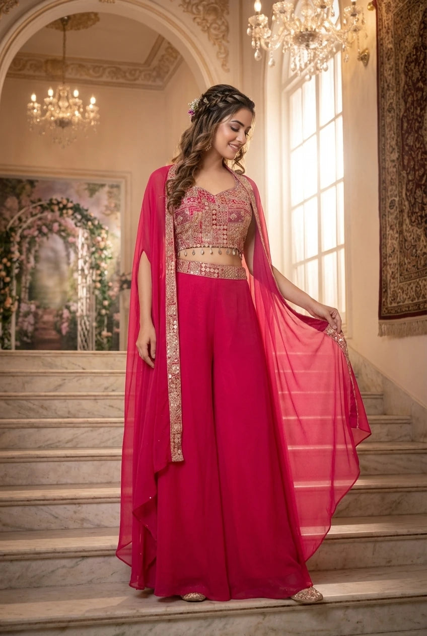 Fuchsia Embroidered Georgette Indo-Western Gown