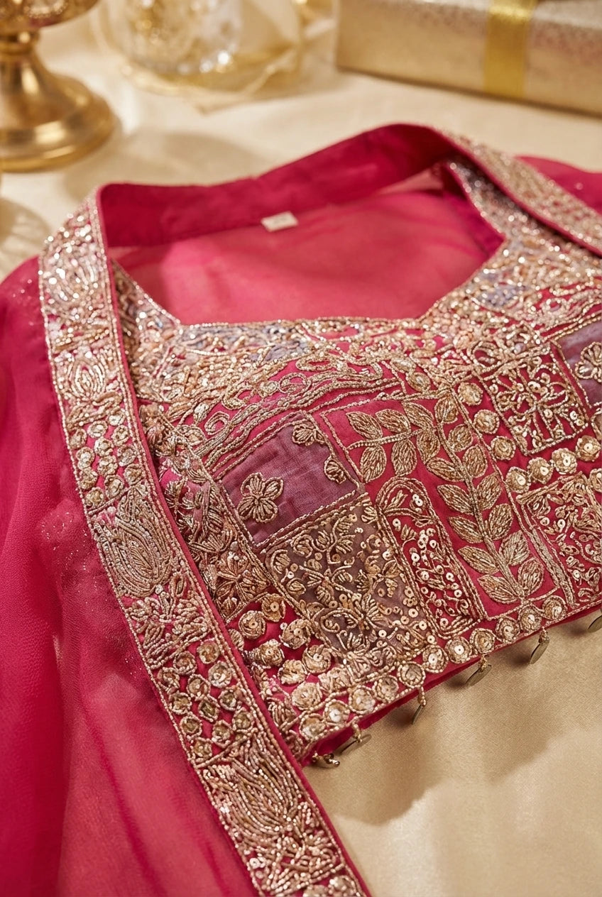 Fuchsia Embroidered Georgette Indo-Western Gown