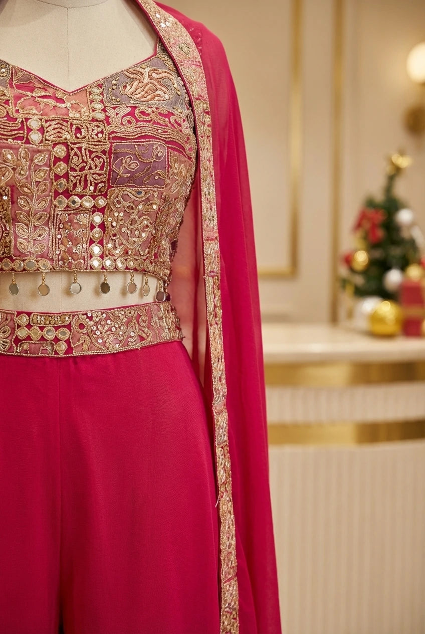 Fuchsia Embroidered Georgette Indo-Western Gown