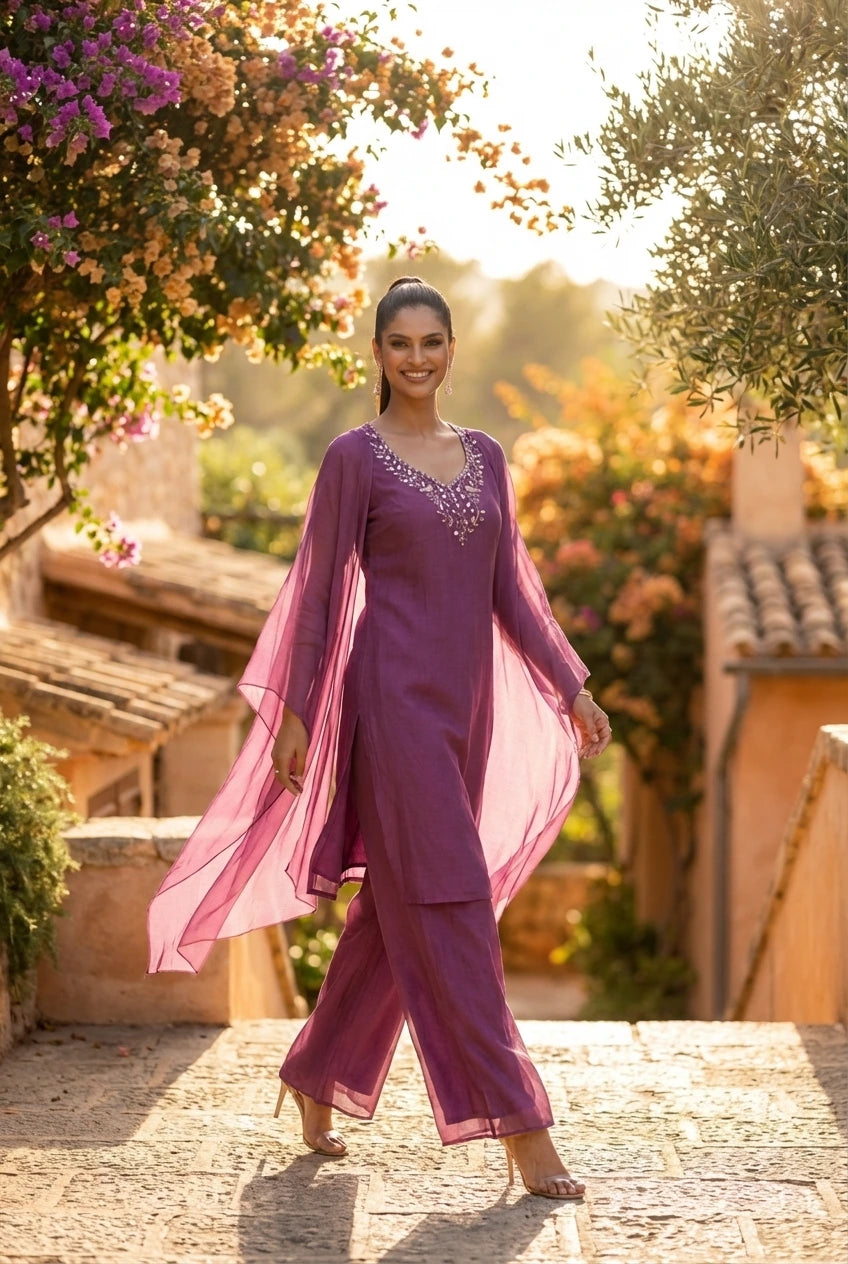 Purple Cape Style Kurta Palazzo Set with Embroidered Neck - Lightweight Georgette Suit for Women