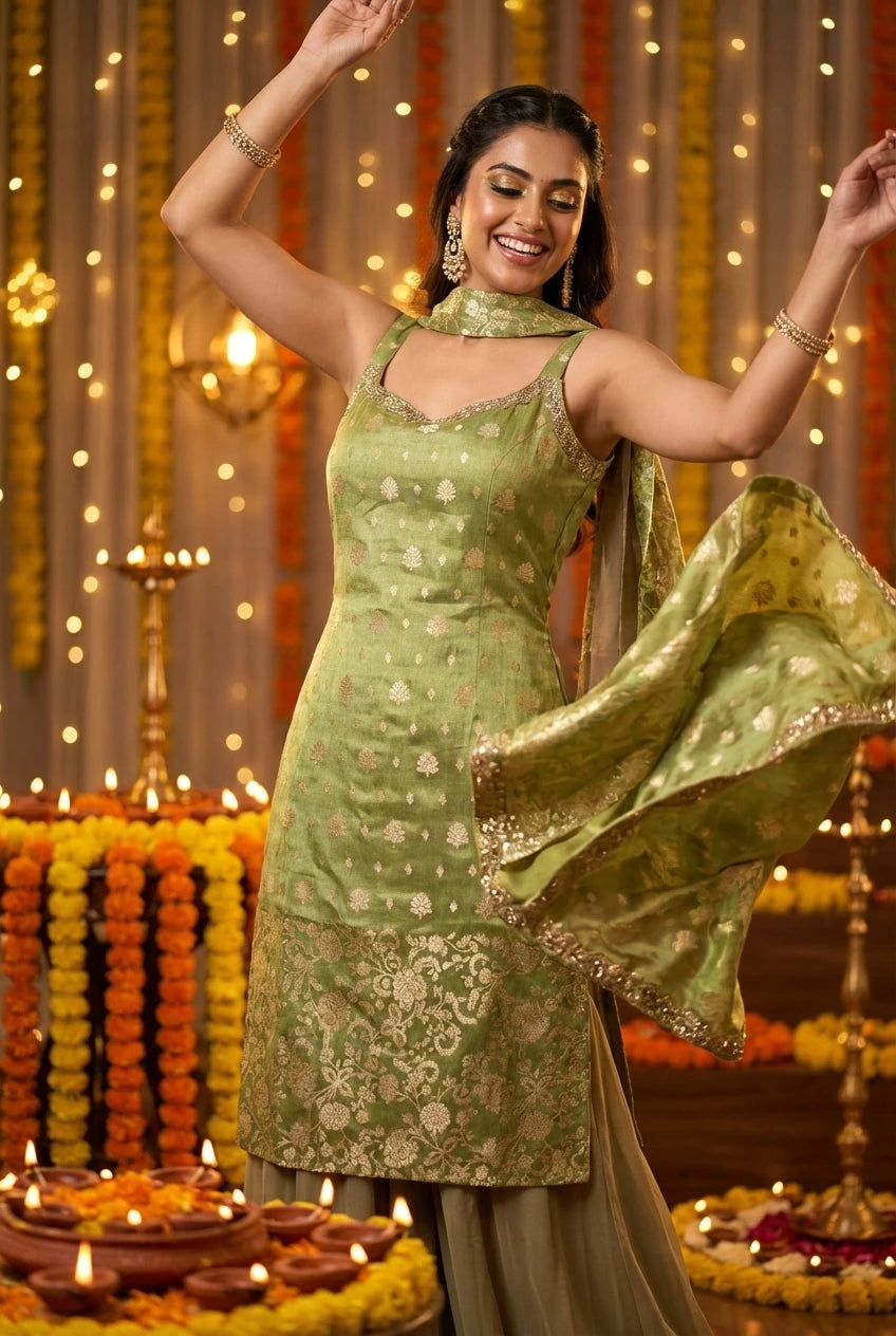 Pistachio & Gold Brocade Silk Party Dress