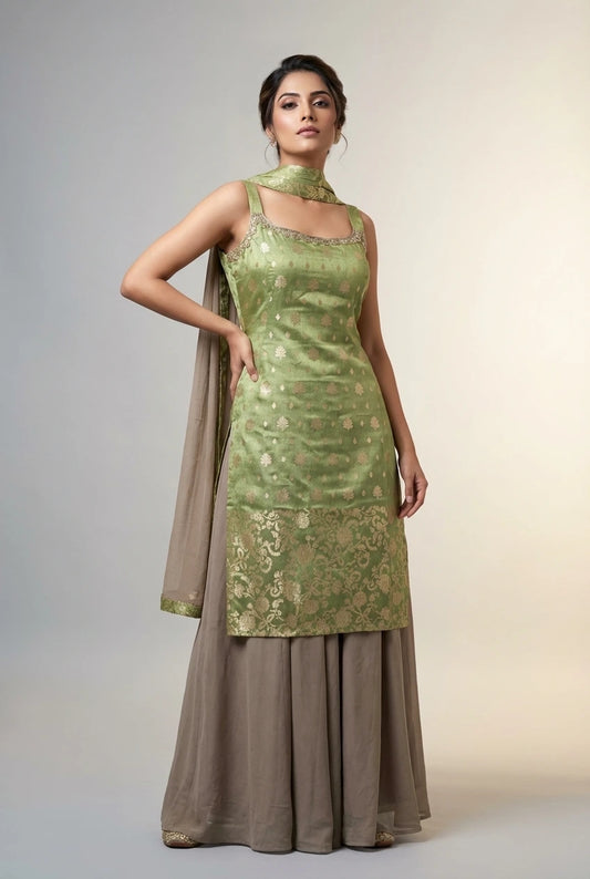 Pistachio & Gold Brocade Silk Party Dress
