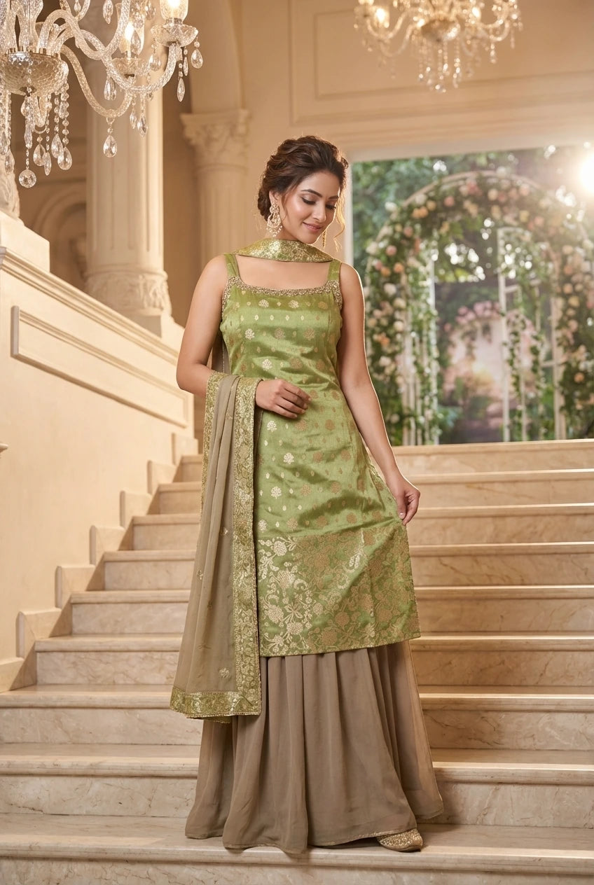 Pistachio & Gold Brocade Silk Party Dress