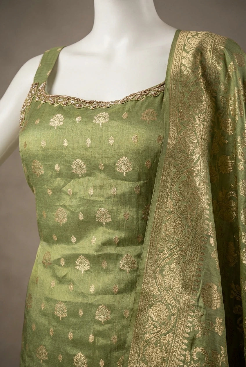 Pistachio & Gold Brocade Silk Party Dress