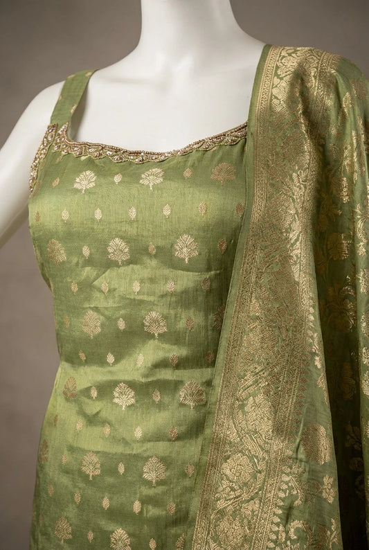 Pistachio & Gold Brocade Silk Party Dress