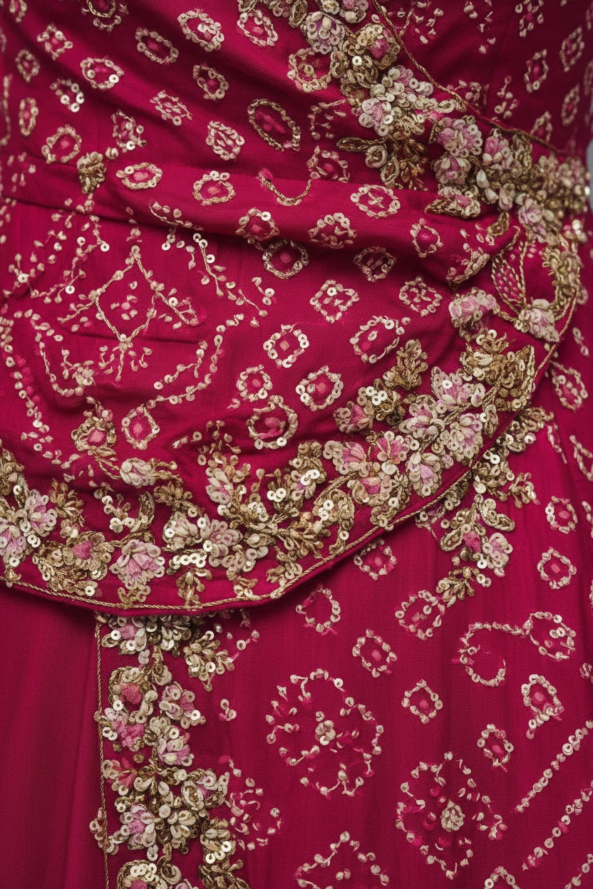 Rani Pink Bhandej Indo-Fusion Gown with Kardhana Handwork on Pure Chinon - Festive Party Wear for Women