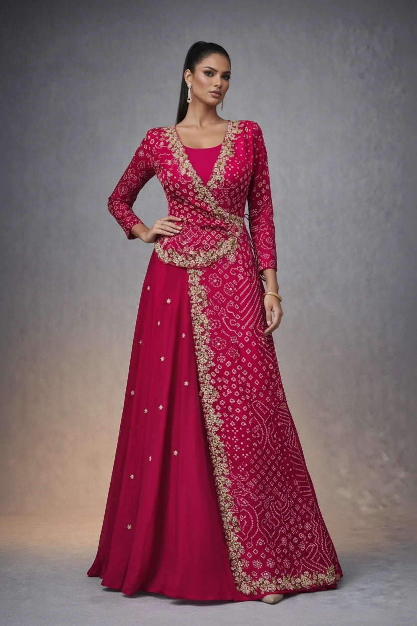 Rani Pink Bhandej Indo-Fusion Gown with Kardhana Handwork on Pure Chinon - Festive Party Wear for Women