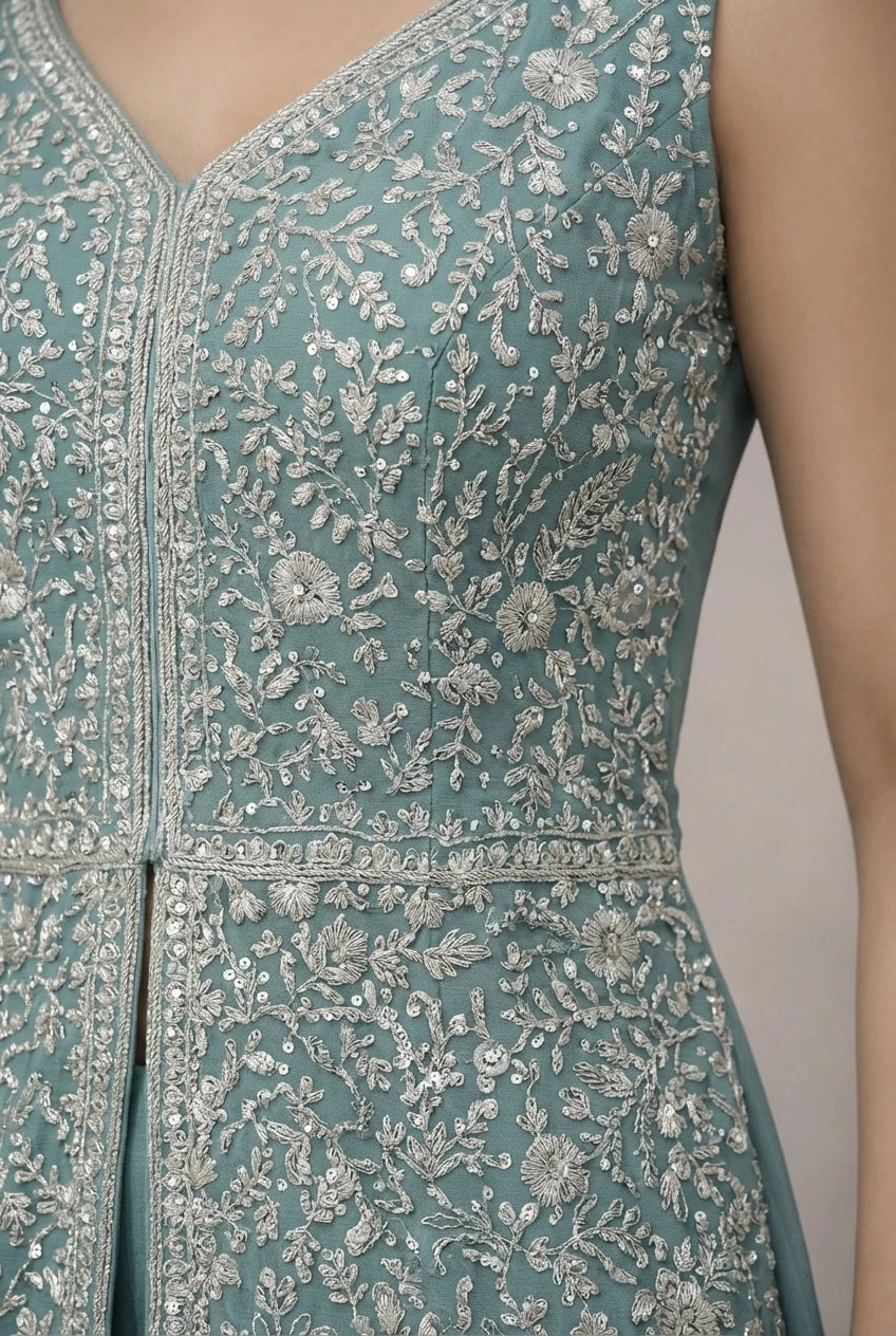 Sage Green Embroidered Peplum Sharara Set with Dupatta & Choker Neck – Party Wear Suit for Women