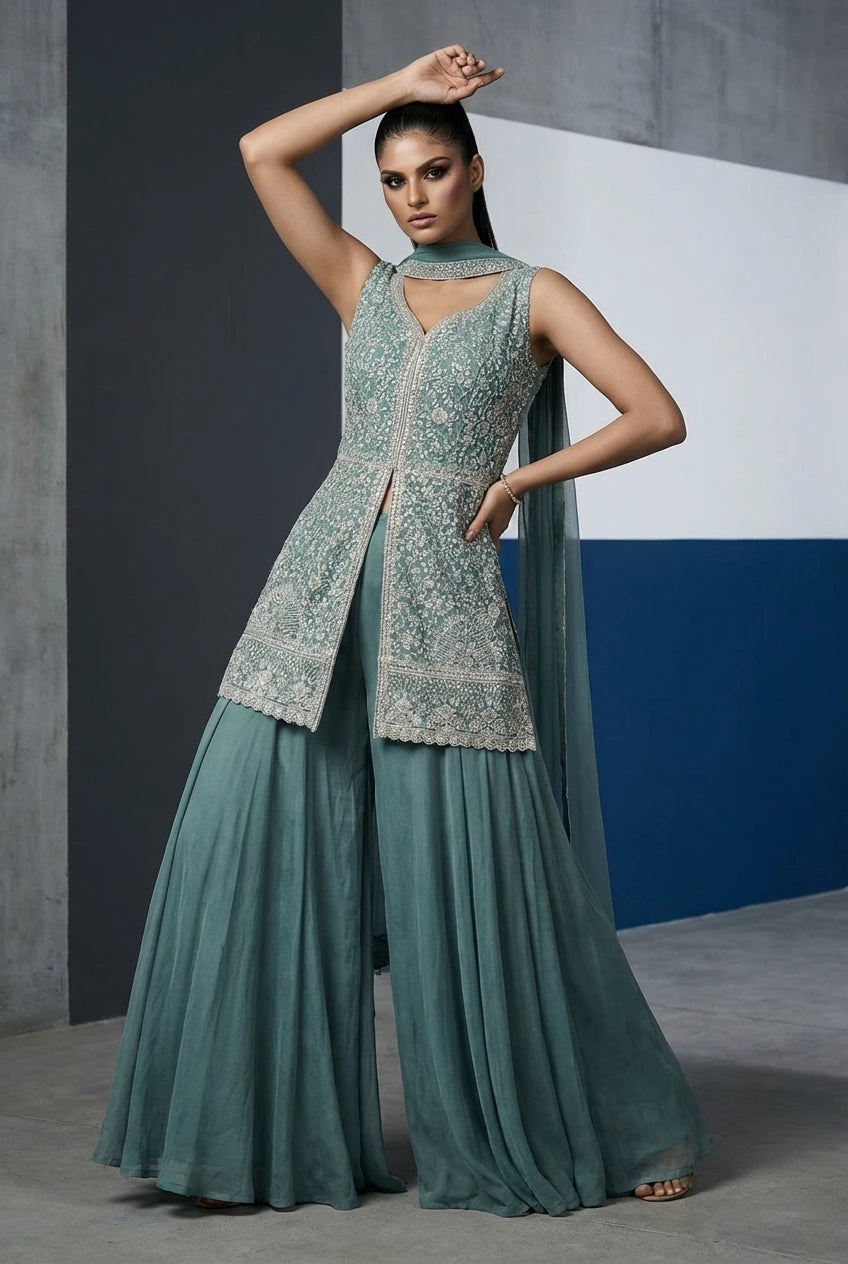 Sage Green Embroidered Peplum Sharara Set with Dupatta & Choker Neck – Party Wear Suit for Women