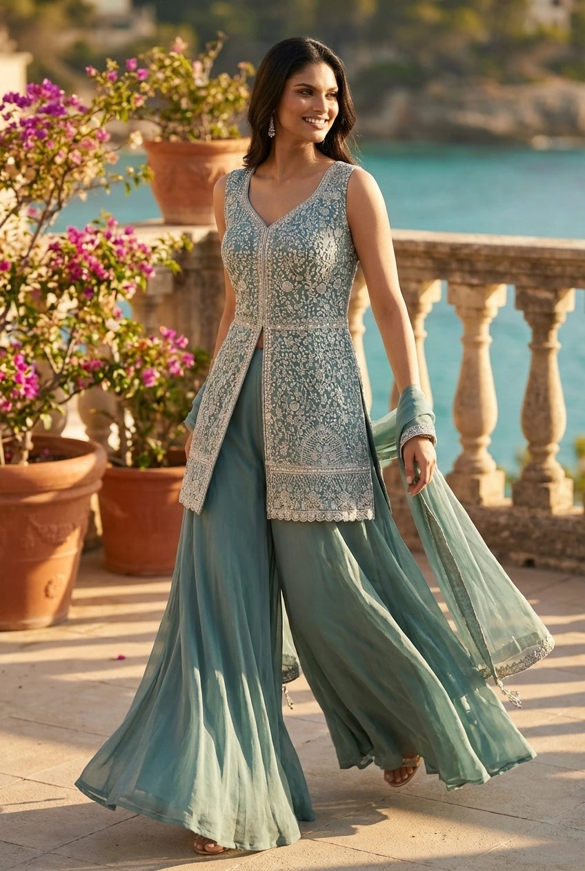 Sage Green Embroidered Peplum Sharara Set with Dupatta & Choker Neck – Party Wear Suit for Women