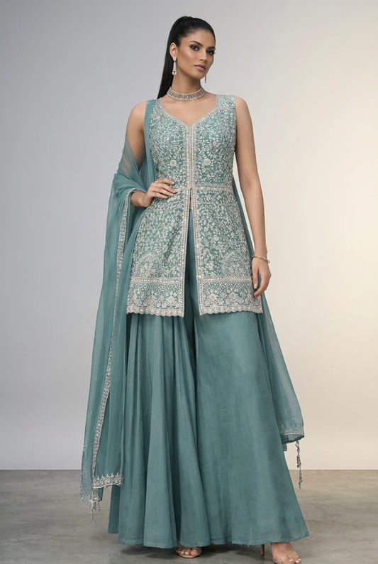 Sage Green Embroidered Peplum Sharara Set with Dupatta & Choker Neck – Party Wear Suit for Women