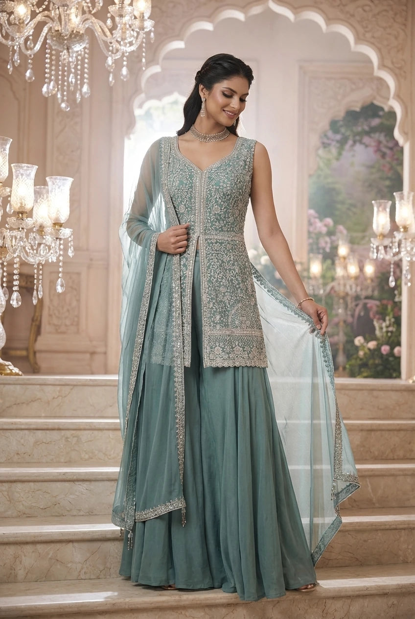 Sage Green Embroidered Peplum Sharara Set with Dupatta & Choker Neck – Party Wear Suit for Women