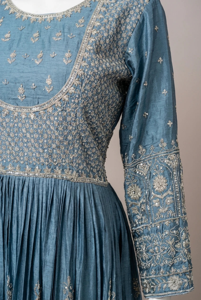 Dusty Blue & Silver Embroidered Raw Silk Anarkali Set